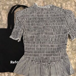 Reformation Black and White Gingham Short Sleeve Peplum Top